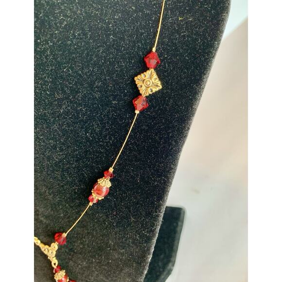 Vintage Look Gold Bronze Tone Red Glass Drop Beads Necklace, Handmade NEW - Picture 6 of 8
